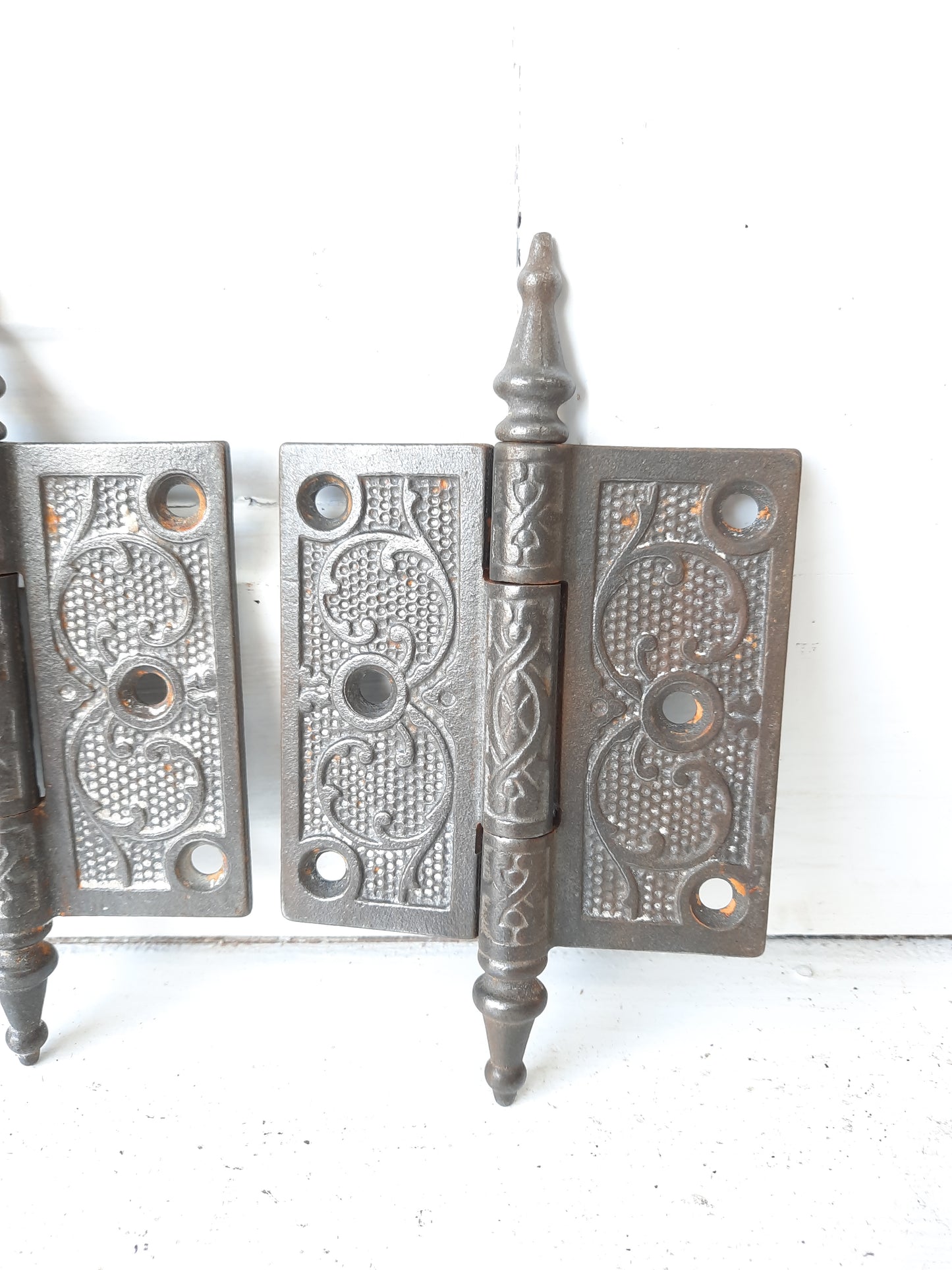 Three 3 1/2" Antique Steeple Tip Hinges, Victorian Iron Ornate Pattern Door Hinges 092806