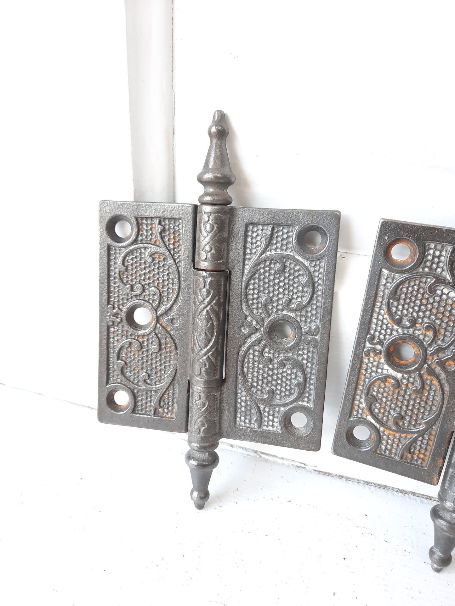 Three 3 1/2" Antique Steeple Tip Hinges, Victorian Iron Ornate Pattern Door Hinges 092806