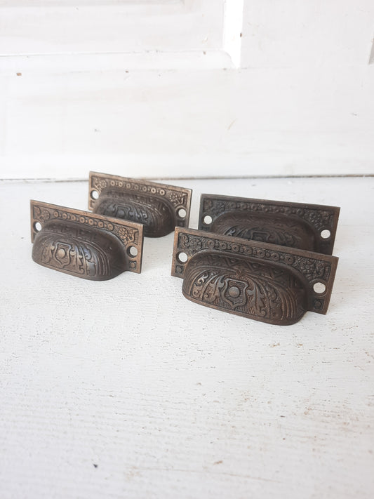 Four Antique Cast Iron Eastlake Handles with Fancy Design, Four Old Ornate Bin Pulls 100304