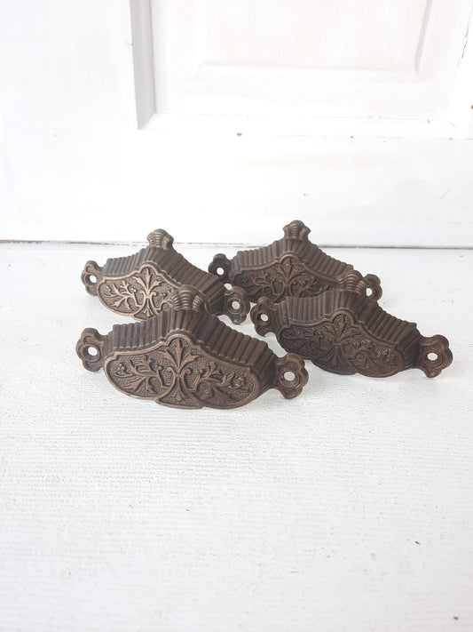 Four Ornate Pattern Victorian Cast Iron Bin Pulls, Antique Drawer Handle, Apothecary Pulls 100307
