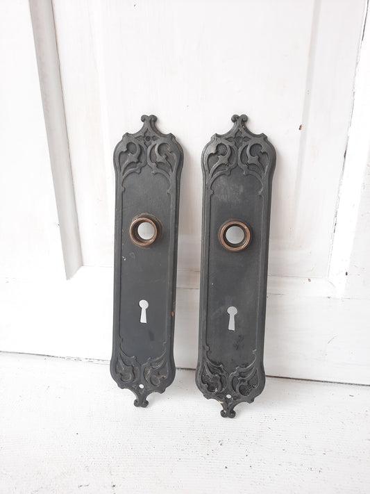 Two Large Gothic Style Iron Backplates, Ornate Cast Iron Doorknob Back Plates 100510