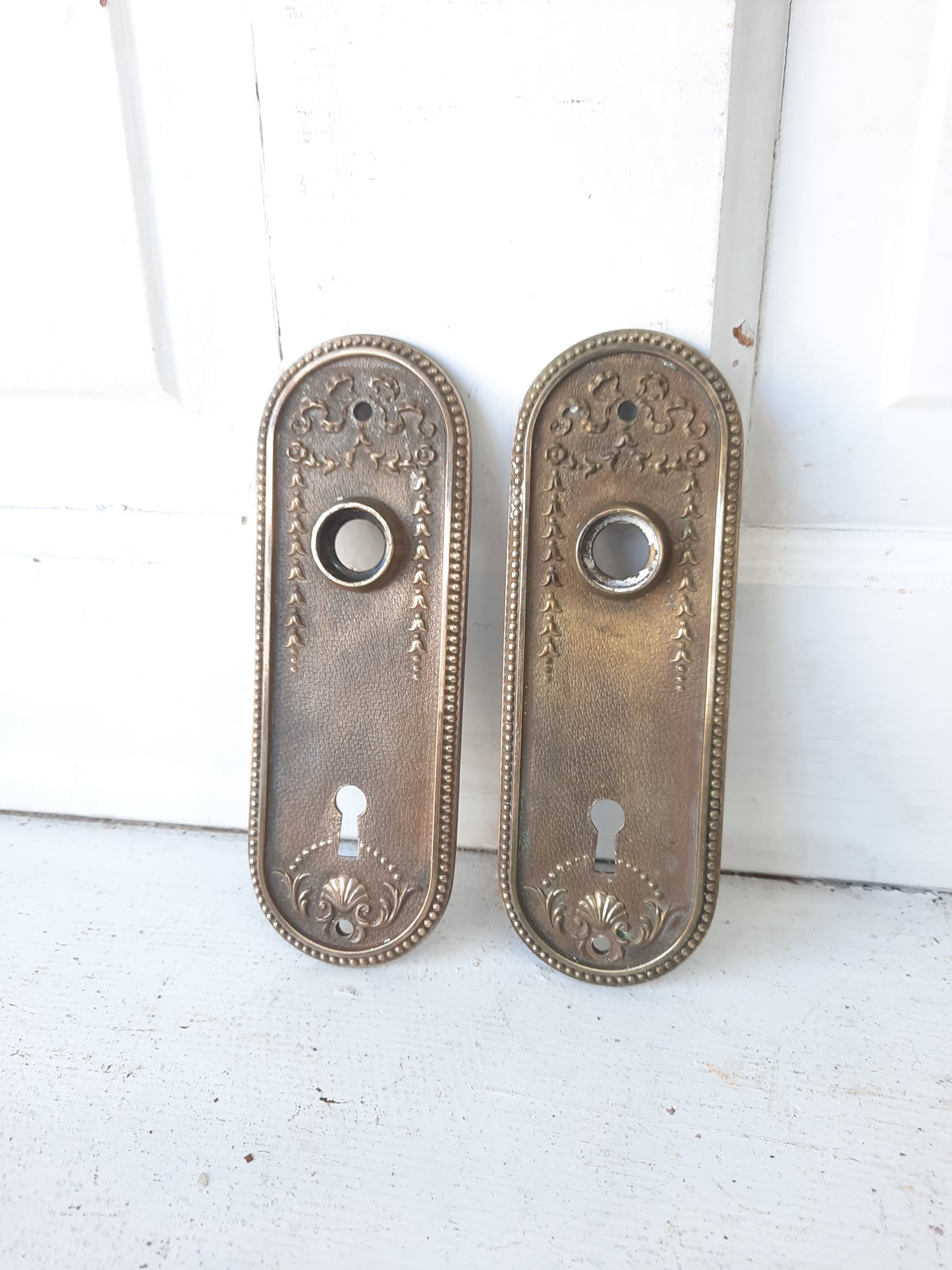 Pair of Oval Bronze Doorknob Backplates with Floral Design, Antique Knob Escutcheons 101006