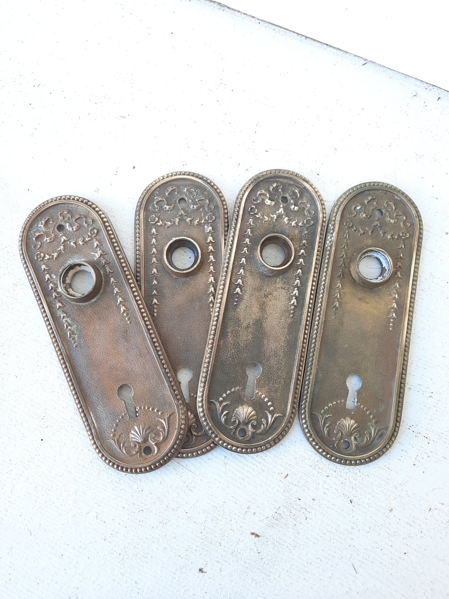 Pair of Oval Bronze Doorknob Backplates with Floral Design, Antique Knob Escutcheons 101006