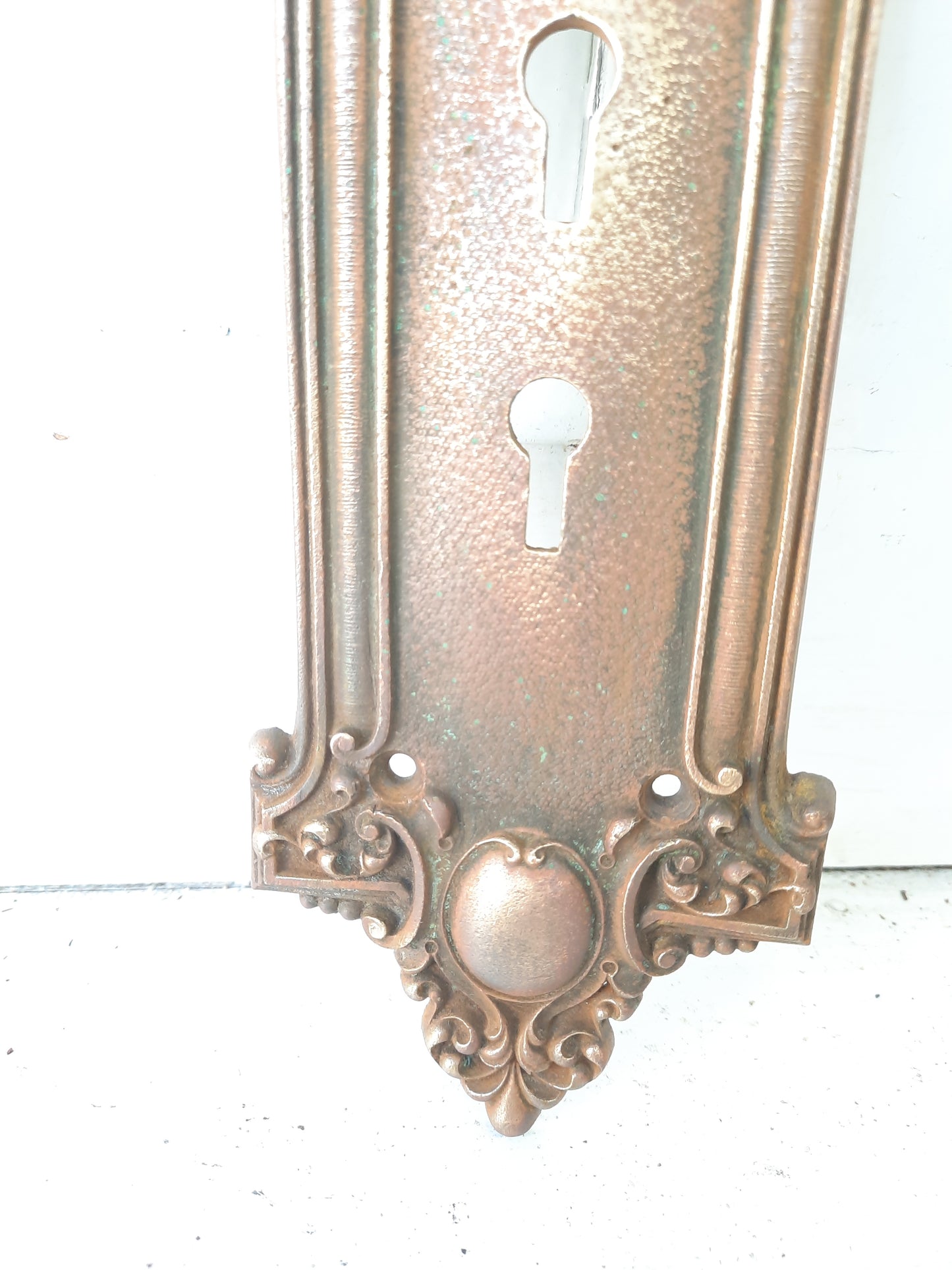 Large Bronze and Iron Reole Entry Plate with Double Keyhole, Front Door Doorknob Backplate Double Lock 101005