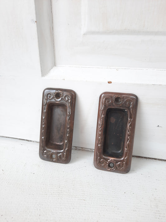 Pair of Antique Stamped Bronze Window Pulls, Antique Wood Window Sash Lifts 101102