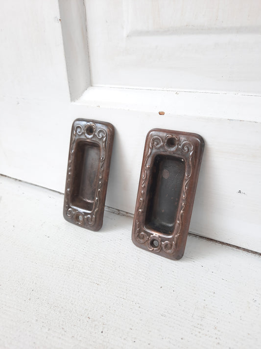 Pair of Antique Stamped Bronze Window Pulls, Antique Wood Window Sash Lifts 101102