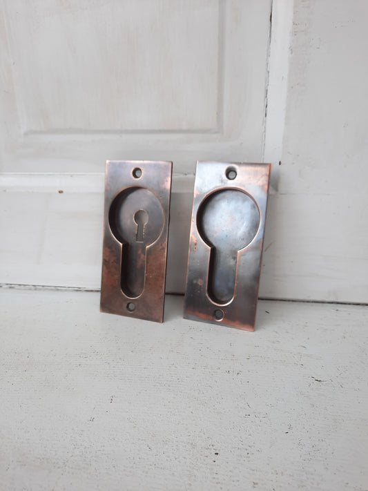 Pair of Solid Bronze Plain Antique Pocket Door Pulls, Rolling Door Recessed Handles 101103