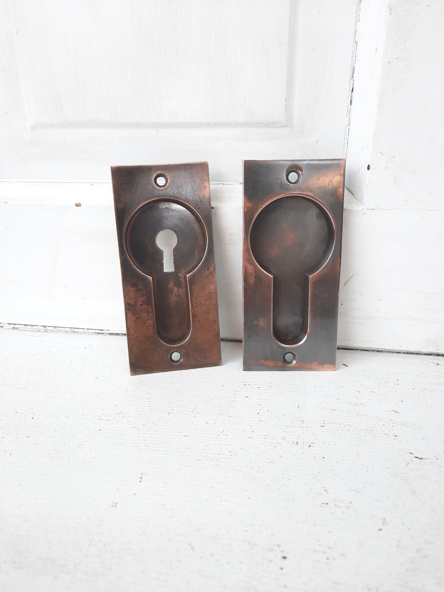 Pair of Solid Bronze Plain Antique Pocket Door Pulls, Rolling Door Recessed Handles 101103