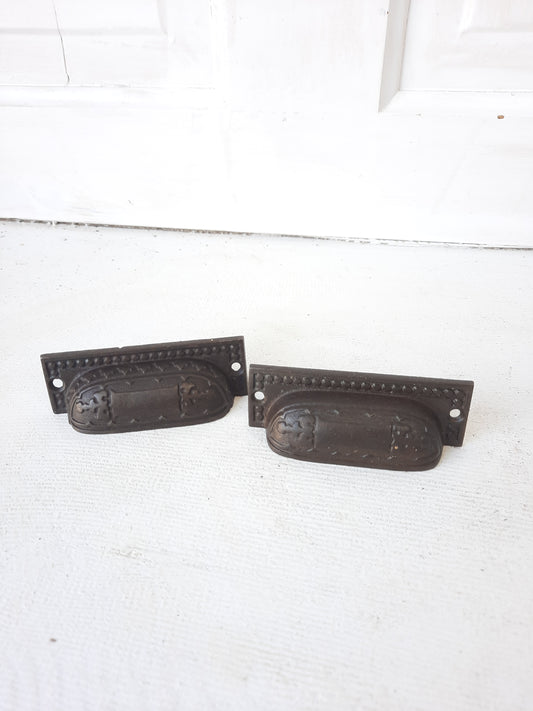Pair of Eastlake Design Iron Handles or Pulls, Antique Cast Iron Apothecary Handles 101214