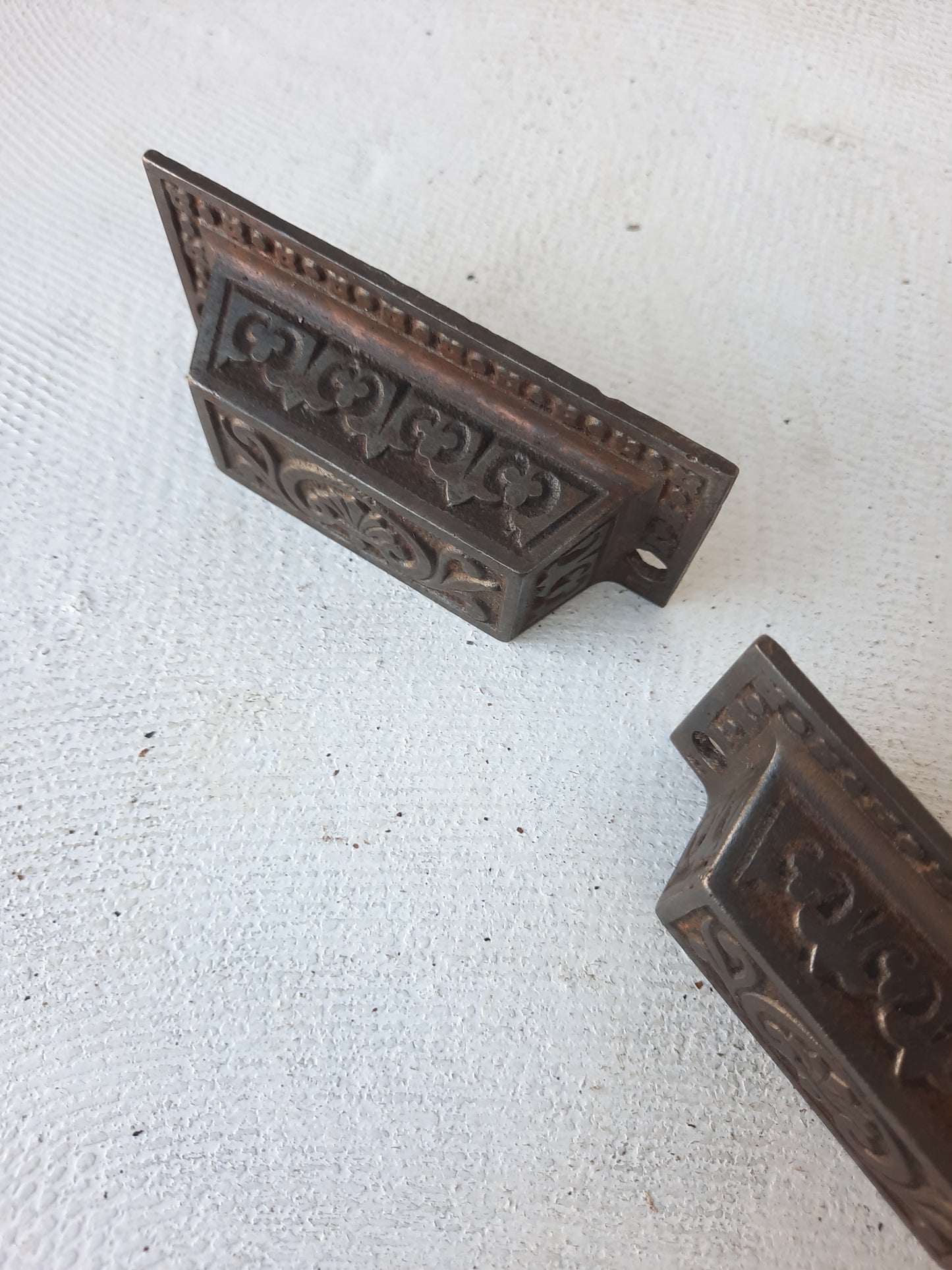 Two Eastlake Design Iron Handles or Pulls, Antique Cast Iron Apothecary Handles 101216