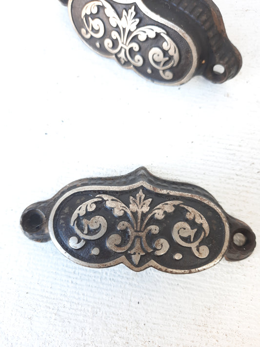Two Eastlake Bin Pulls with Silver Design, Antique Cast Iron Apothecary Handles 101218