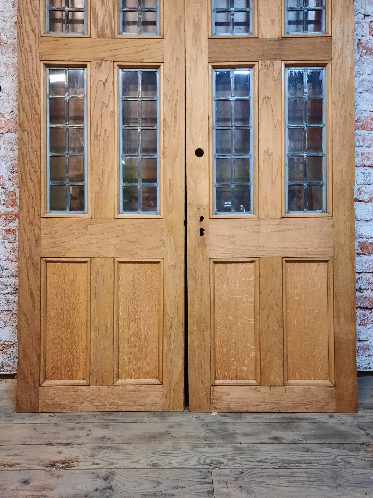 Antique Double Doors with Leaded Glass Windows, Swinging Door Set Pair of Vintage Doors, Architecture Salvage 101701