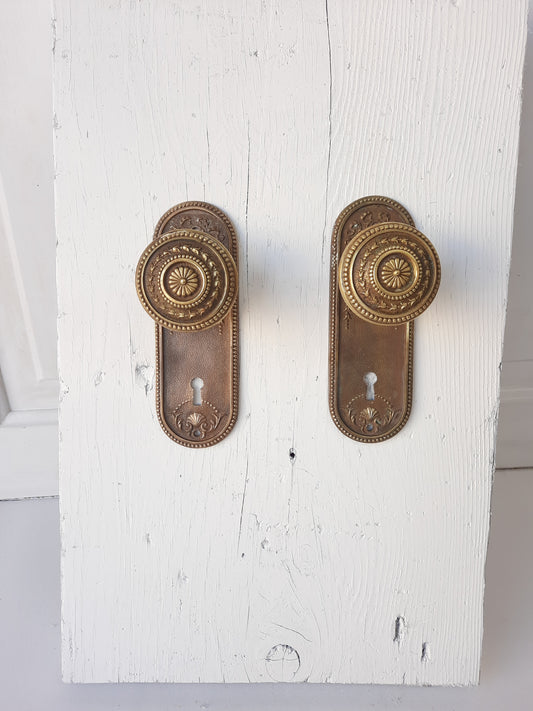 Set of Ornate Solid Bronze Antique Backplates and Knobs, Set of Door Hardware 101706