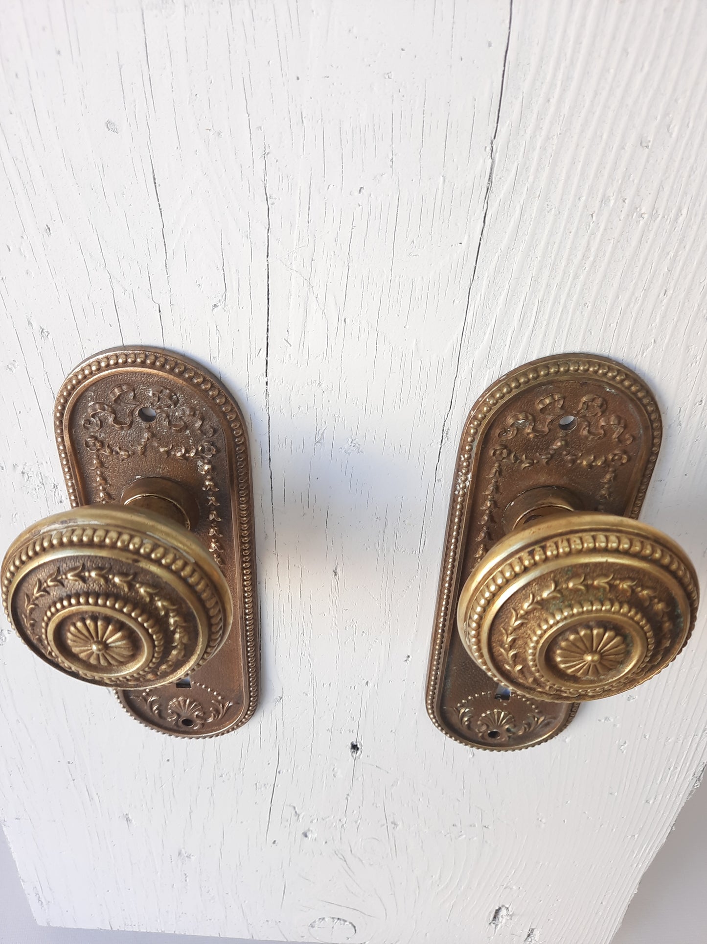 Set of Ornate Solid Bronze Antique Backplates and Knobs, Set of Door Hardware 101706