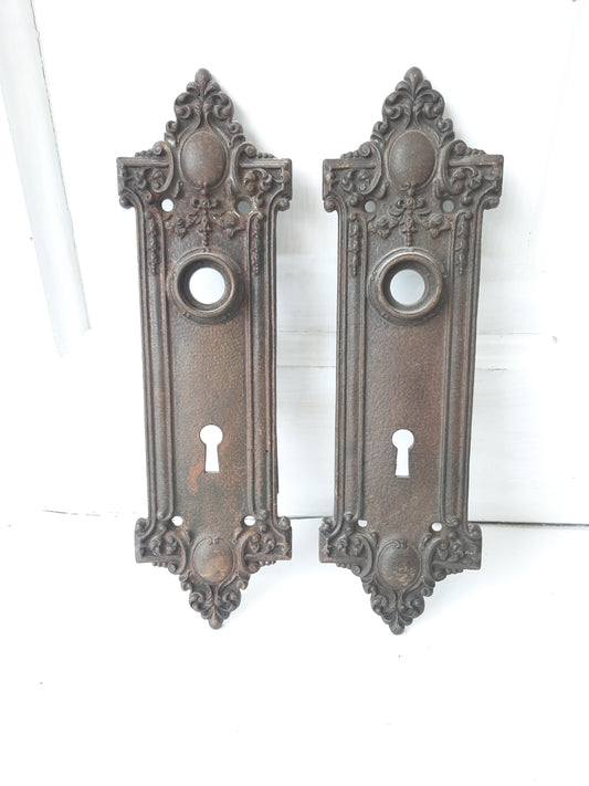 Pair of Reole Cast Iron Doorknob Backplates, Ornate Cast Iron Door Knob Escutcheons