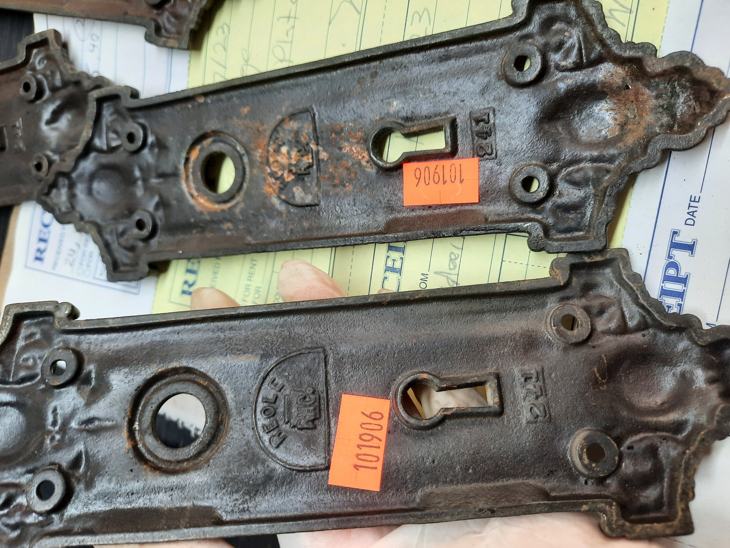 Pair of Reole Cast Iron Doorknob Backplates, Ornate Cast Iron Door Knob Escutcheons
