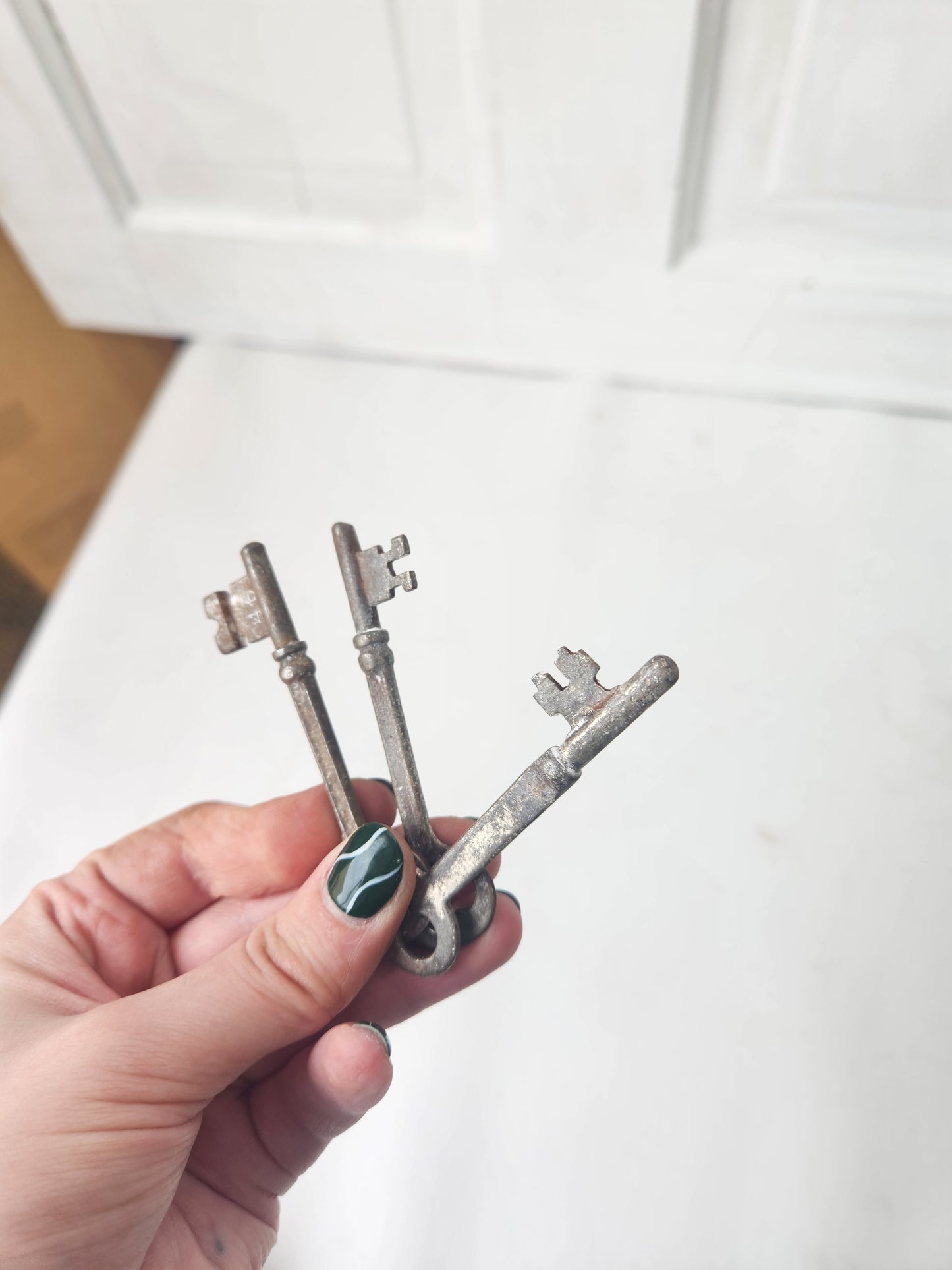 Three Antique Door Skeleton Keys, Vintage Silver Door Keys 102604