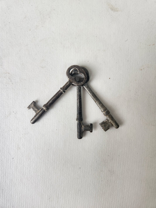 Three Salvaged Vintage Keys, Antique Skeleton Key Set 102608