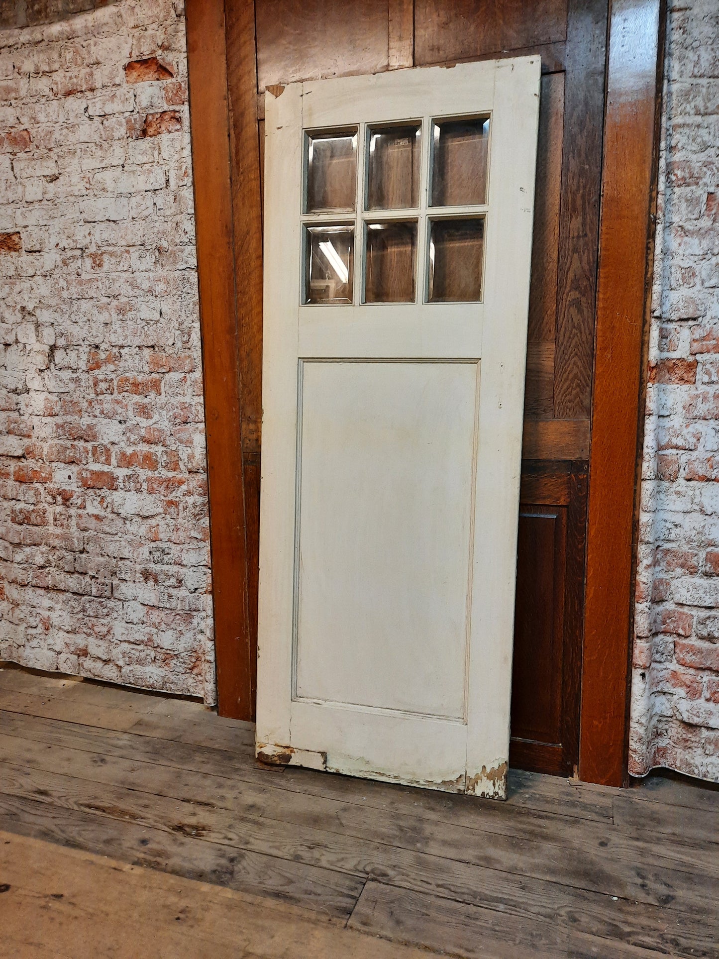 32" Antique Solid Wood Swinging Door, Early 1900s Butler or Pivoting Door with Glass 110410