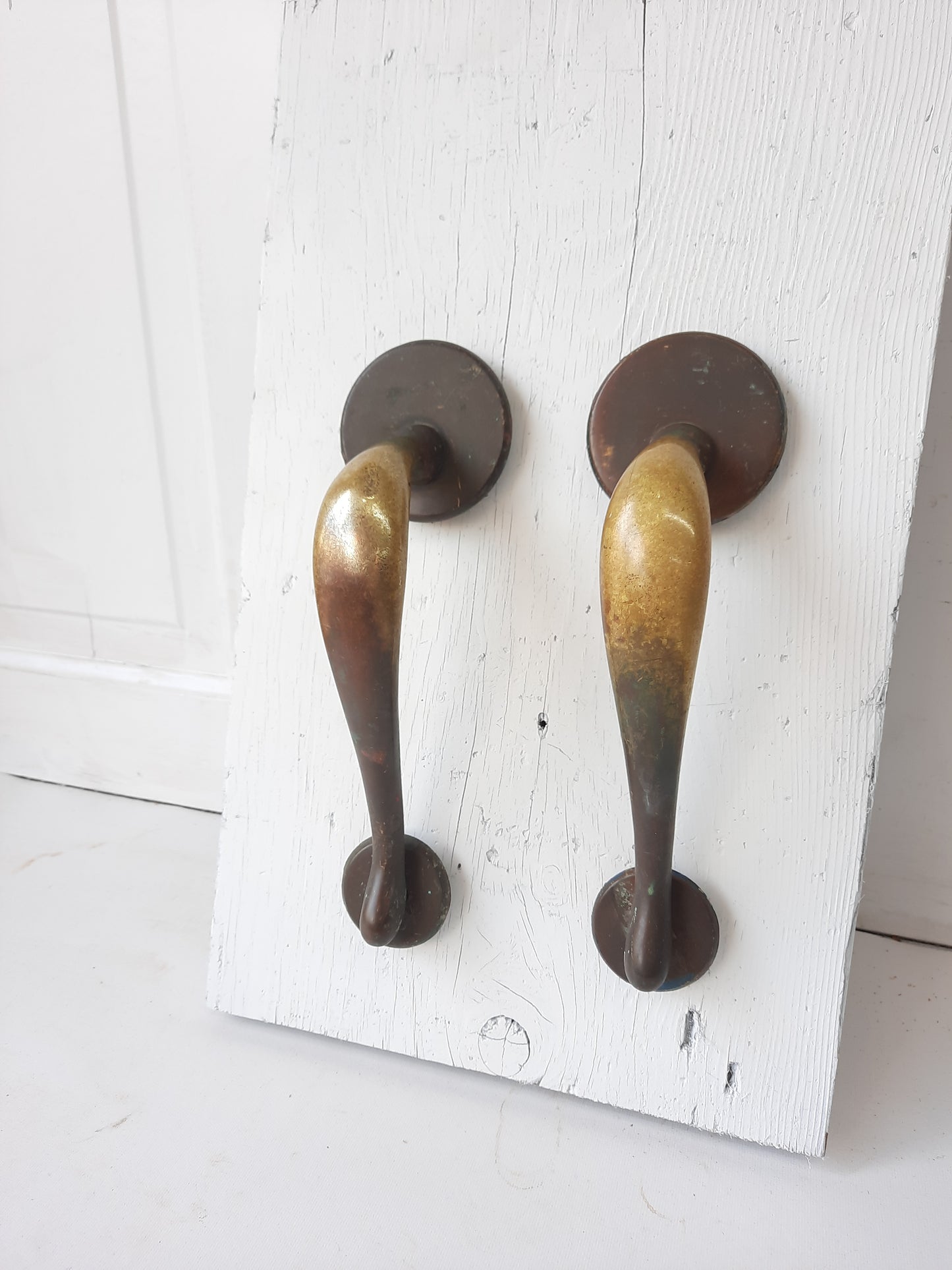 Pair of Solid Bronze or Brass Vintage Door Pulls, Vintage Bronze Door Handles