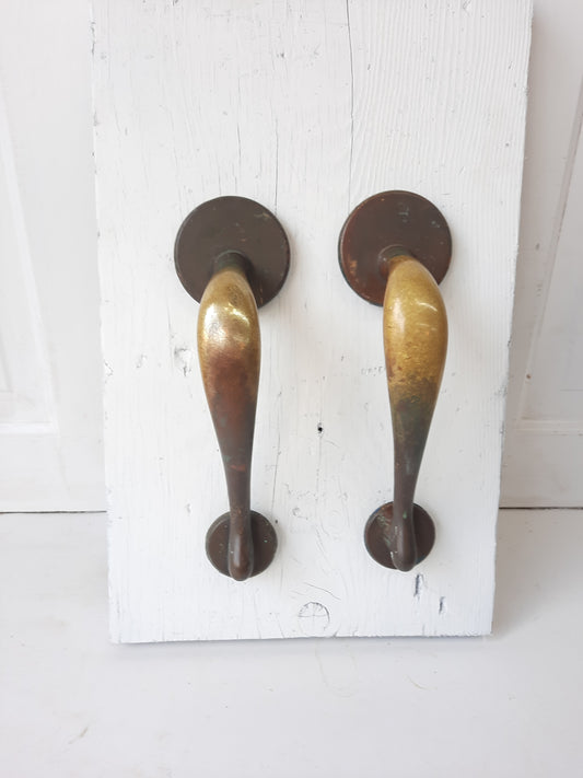 Pair of Solid Bronze or Brass Vintage Door Pulls, Vintage Bronze Door Handles