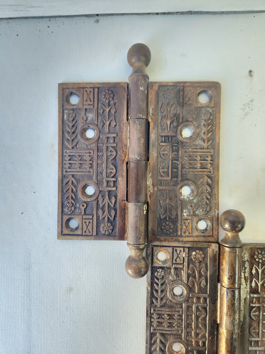 Set of Four 4" Victorian Iron Hinges, Fancy Antique Cast Iron Door Hinge 110907