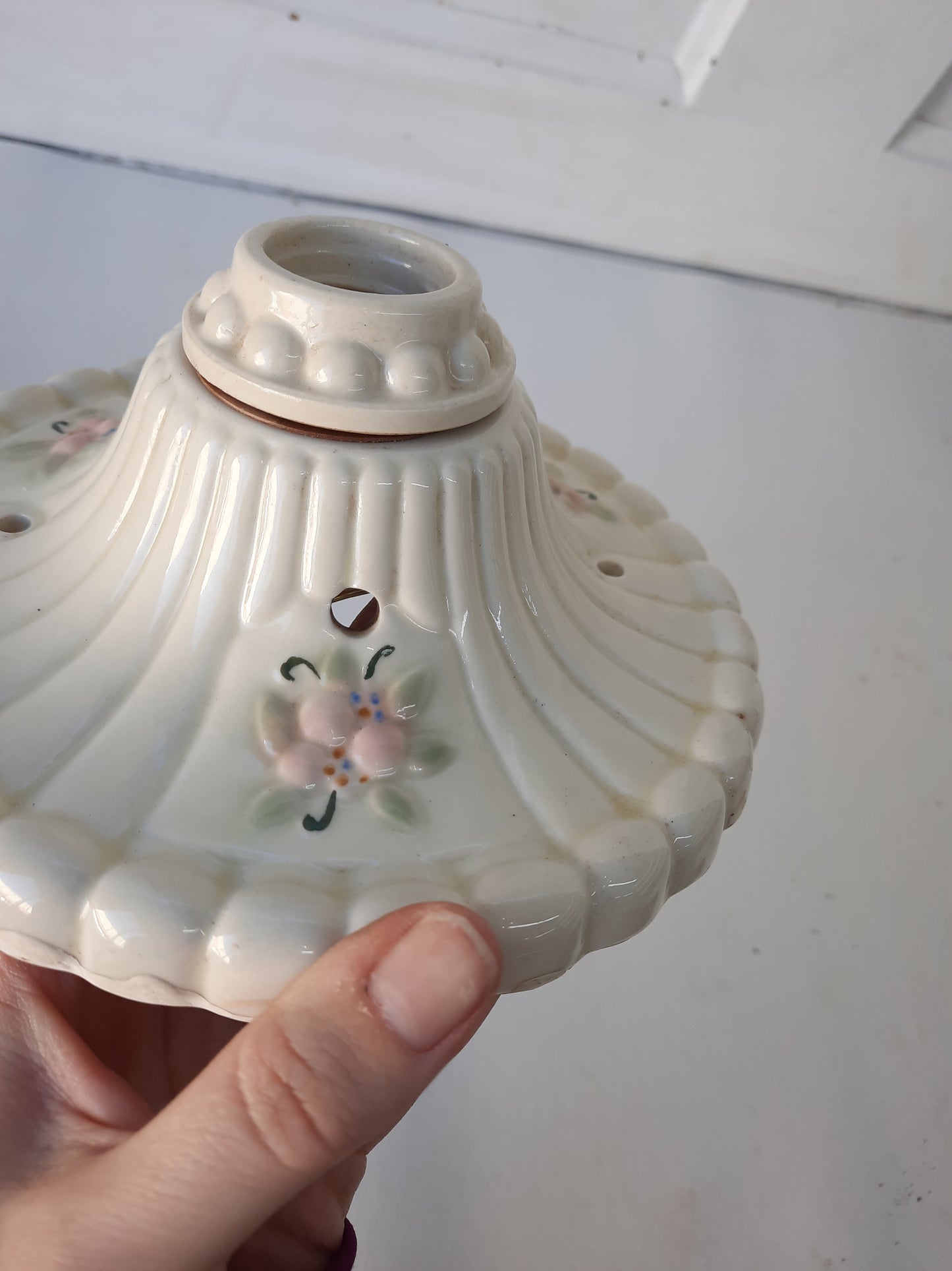 Small Porcelier Light Fixture with Flowers, Pink and White Porcelain Vintage Ceiling Light 111301
