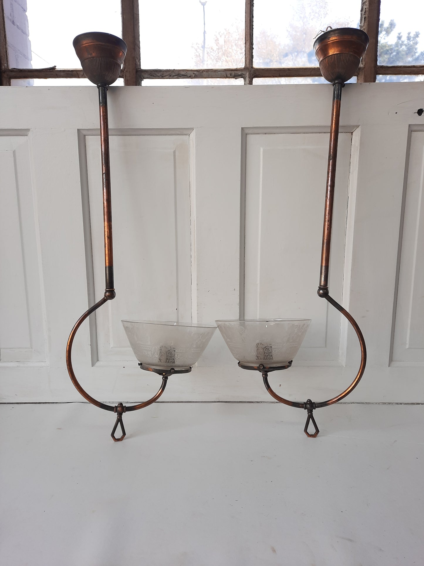 Pair of Converted Gas Ceiling Lights with Etched Glass Shades, Antique Gas Light Fixtures 111601