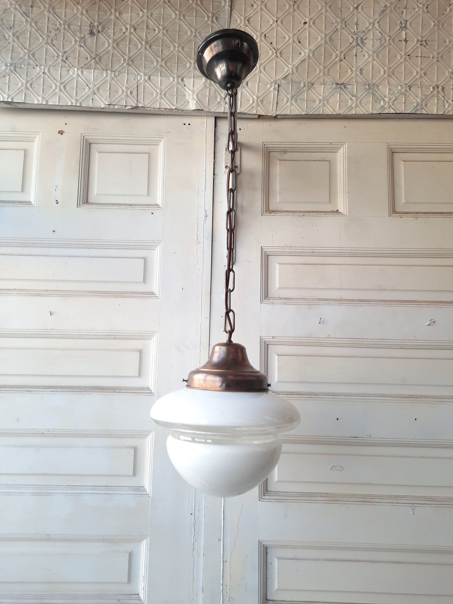 School House Pendant Light with White and Clear Glass Globe, Art Deco Style Pendant 111605