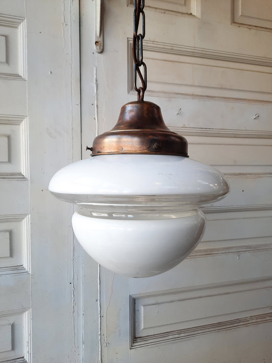 School House Pendant Light with White and Clear Glass Globe, Art Deco Style Pendant 111605