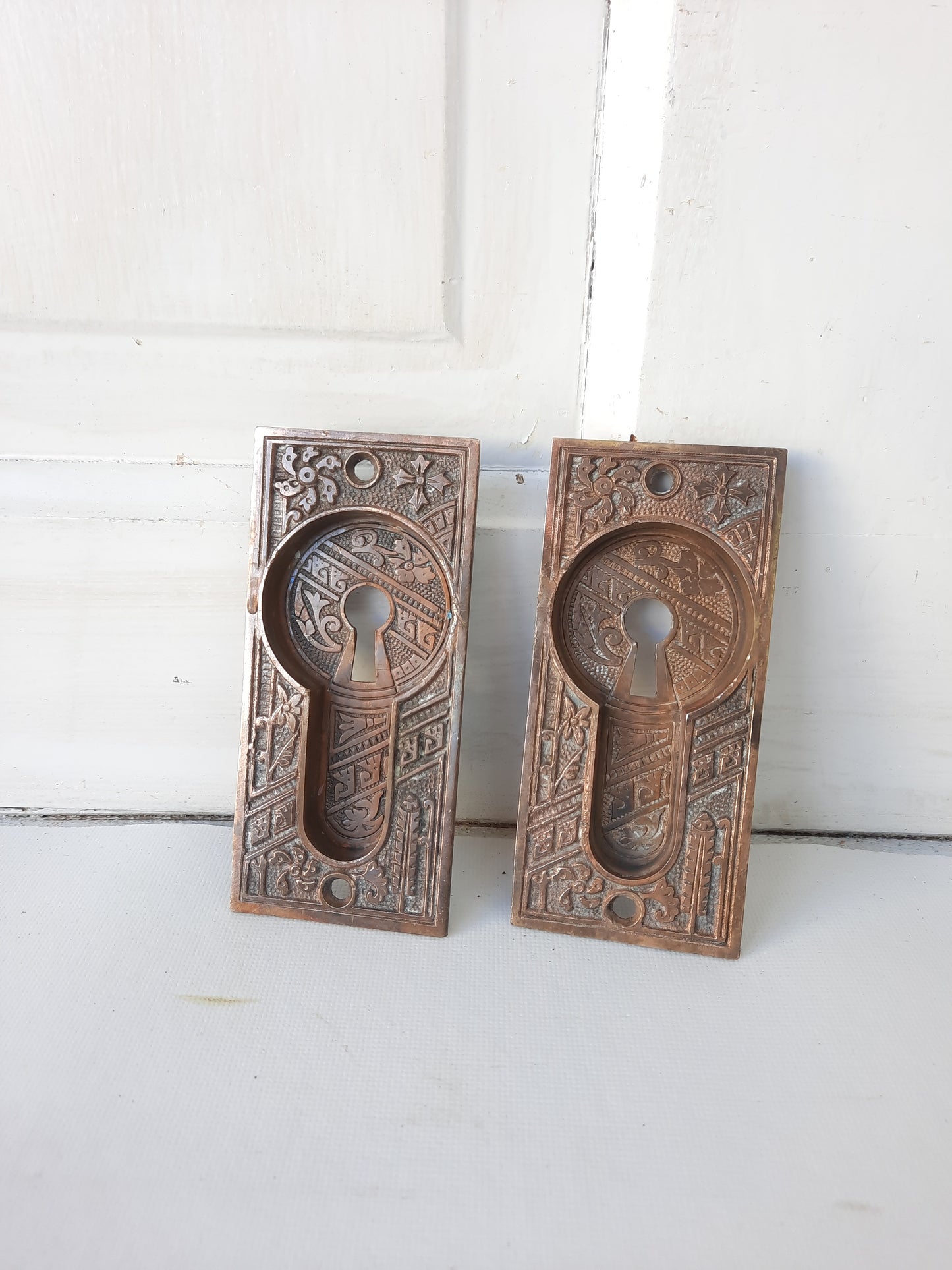Antique Bronze Eastlake Pattern Pocket Door Pulls, Pocket Rolling Door Recessed Handles 111801
