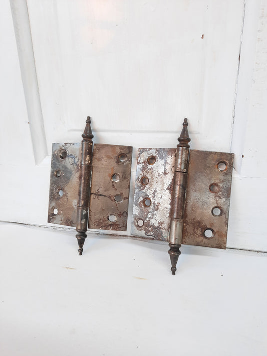 4" Pair of Steeple Tip Antique Hinges, Vintage Large Door Hinges or Hanging Hardware 111805