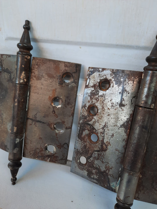 4" Pair of Steeple Tip Antique Hinges, Vintage Large Door Hinges or Hanging Hardware 111805