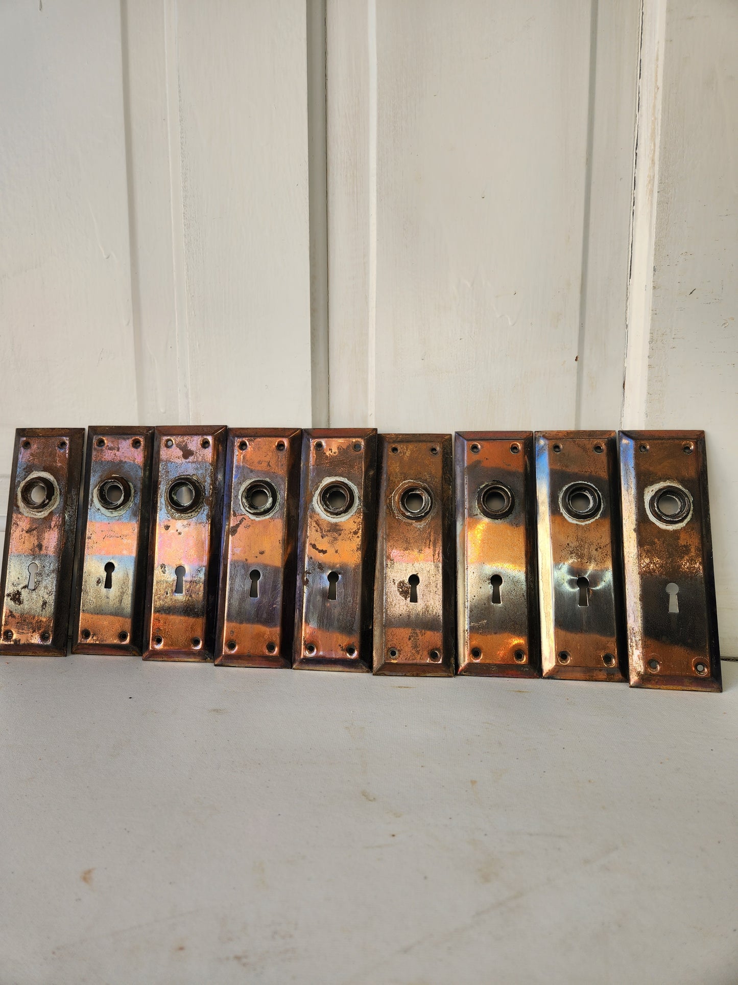 Set of 9 Japanned Brass Door Plates, Tiger Brass Antique Doorknob Backplates, Black and Copper Antique Door Knob Escutcheons  113001