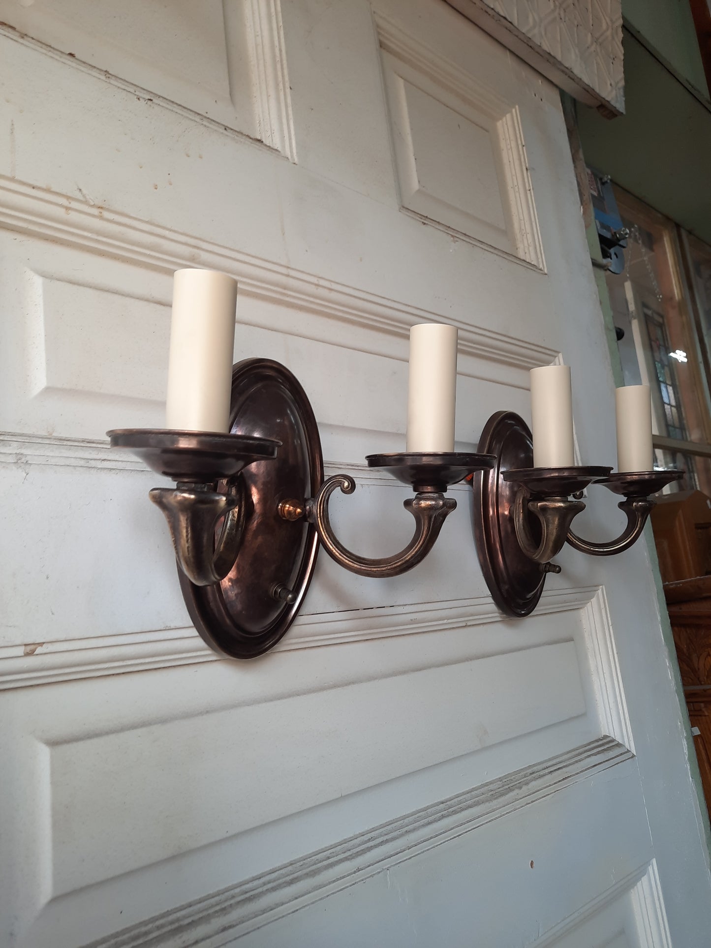 Pair of Bronze Two Arm Wall Sconces, Antique Pair of Bronze Sconce Lights with Candle Sockets