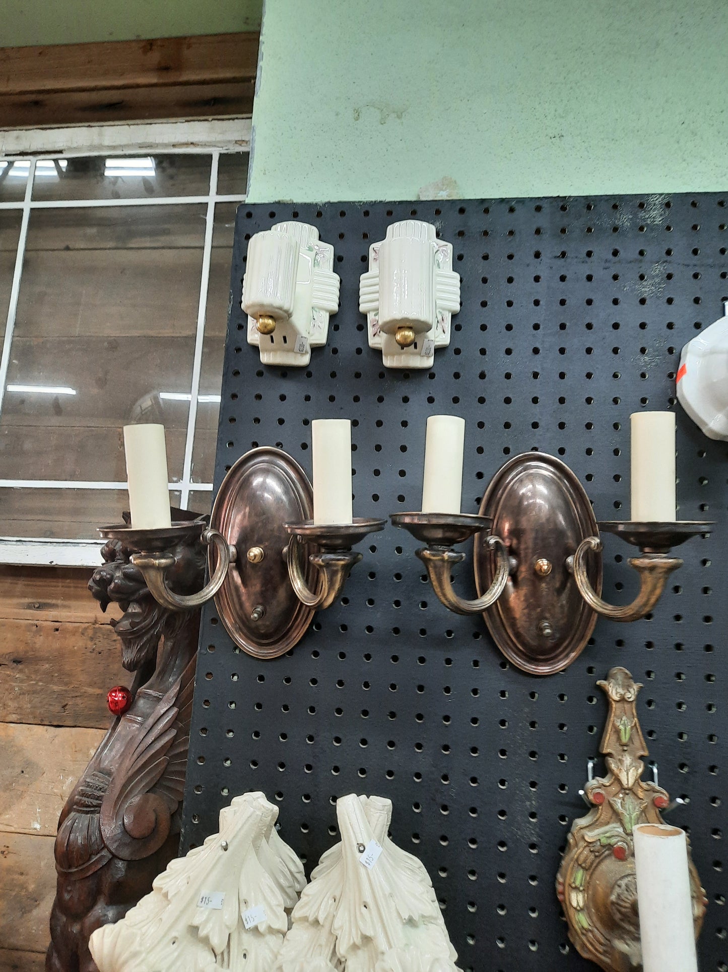 Pair of Bronze Two Arm Wall Sconces, Antique Pair of Bronze Sconce Lights with Candle Sockets