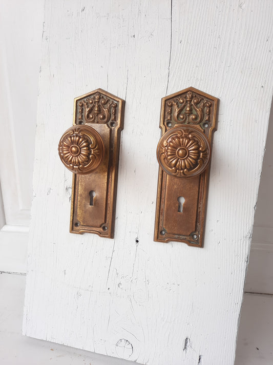 Stamped Brass Doorknob and Plate Set, Victorian Door Hardware 120601