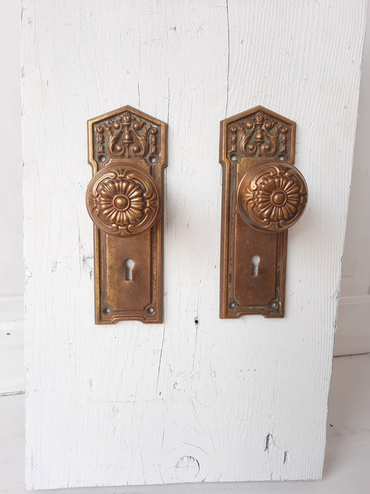 Stamped Brass Doorknob and Plate Set, Victorian Door Hardware 120601