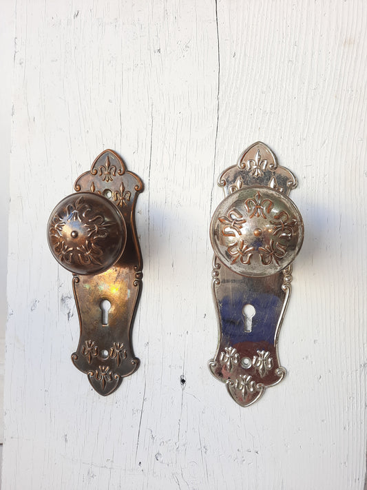 Fleur de Lis Door Hardware Set by Lockwood, Victorian Era French Design Doorknob and Plates 120702