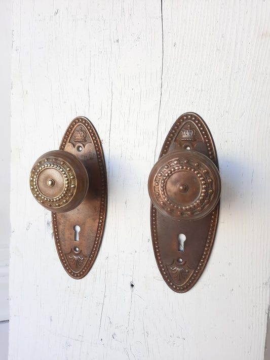 Antique Oval Backplates with Crown and Beaded Brass Doorknobs, Crown Design Door Hardware in Antique Bronze 120705