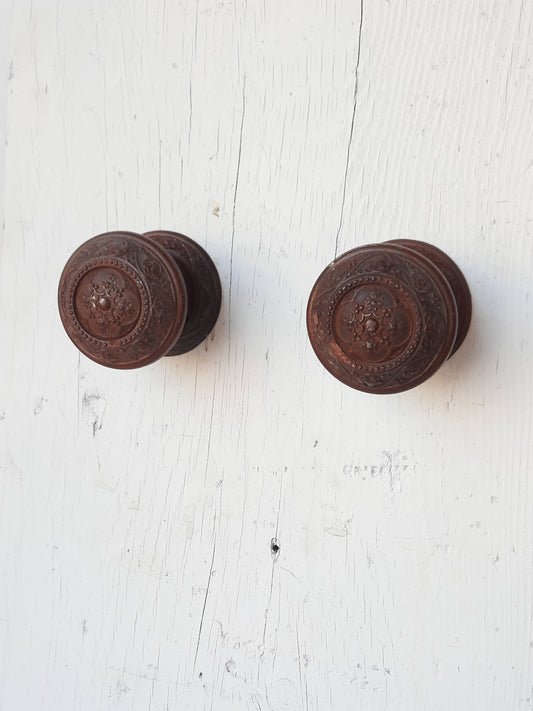 Antique Composite Doorknob and Rosette Set, Victorian Era Hemacite Door Knob Pairs, 120802