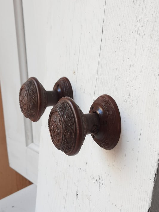 Antique Composite Doorknob and Rosette Set, Victorian Era Hemacite Door Knob Pairs, 120802