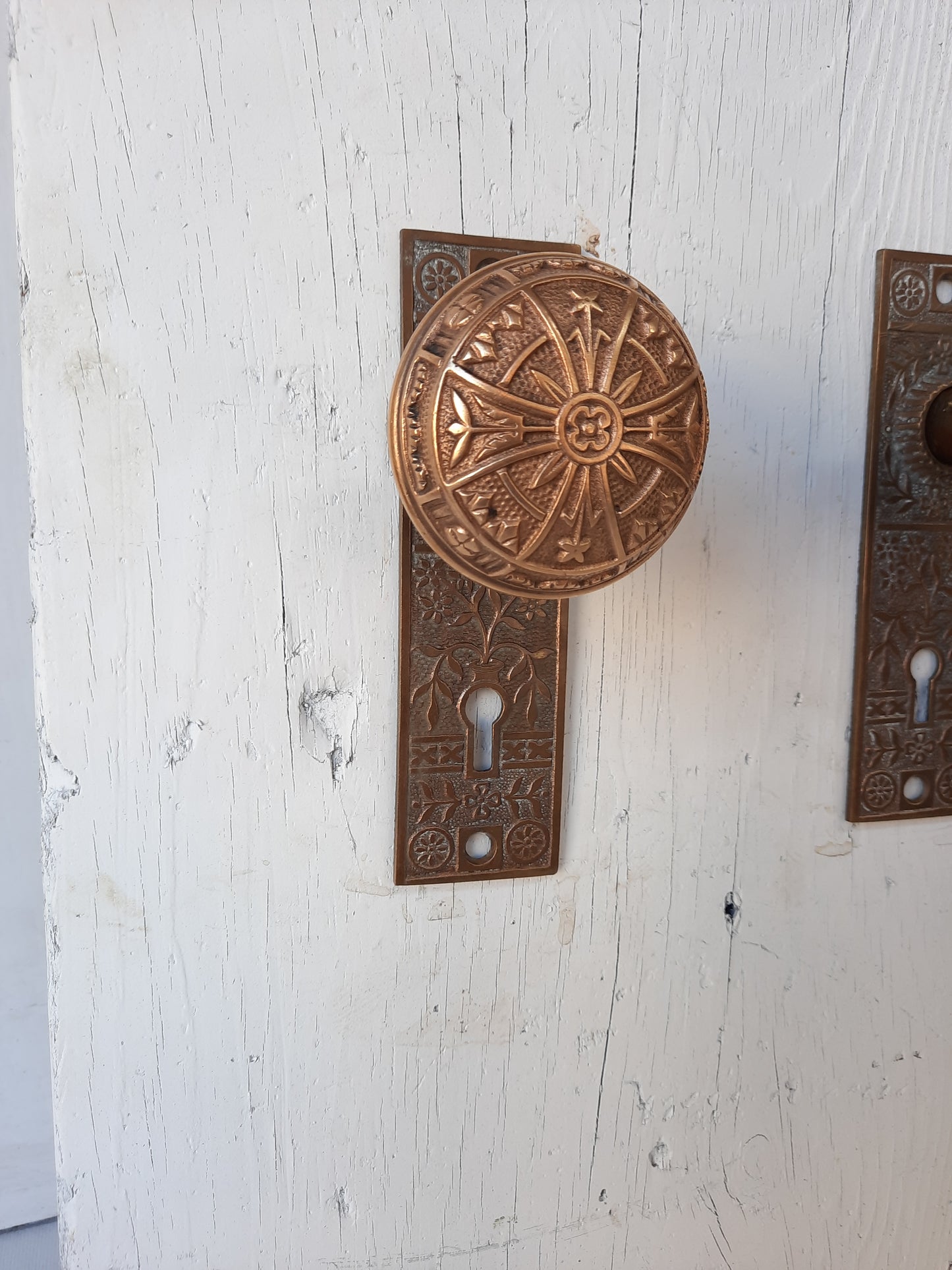 Lockwood Bronze Doorknobs and Backplates Eastlake Design, Complete Set Victorian Hardware 121404