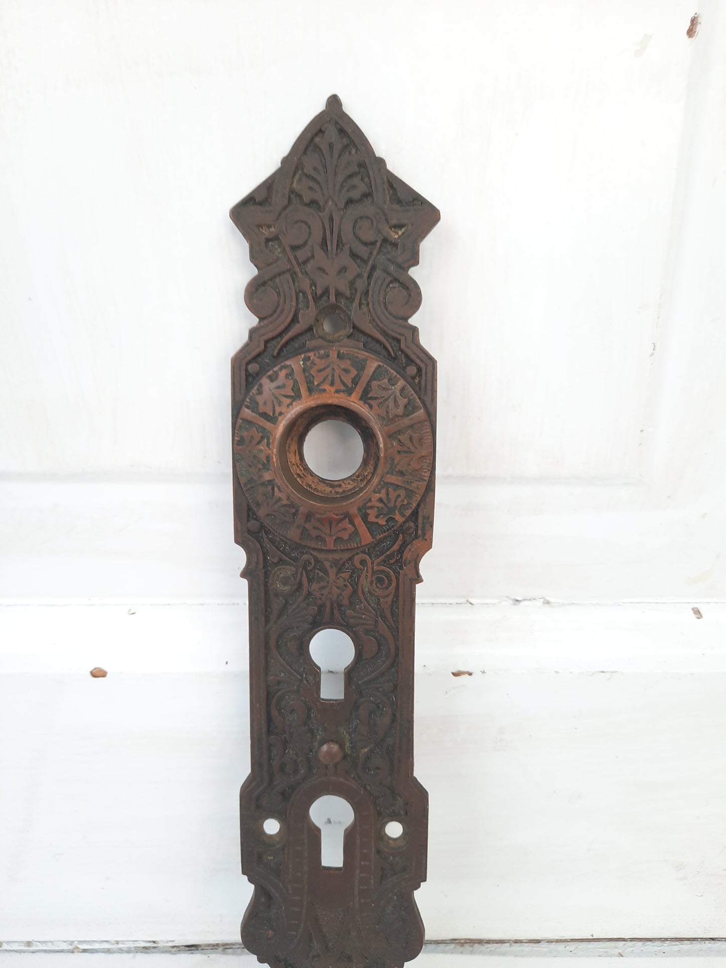 Antique Bronze Exterior Door Plate, Antique Door Plate Double Keyhole Backplate 121601