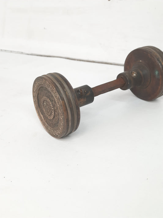 Antique Brocade Design Doorknob by Corbin c. 1884, Solid Bronze Ornate Doorknobs with Fish Scale Pattern 121606