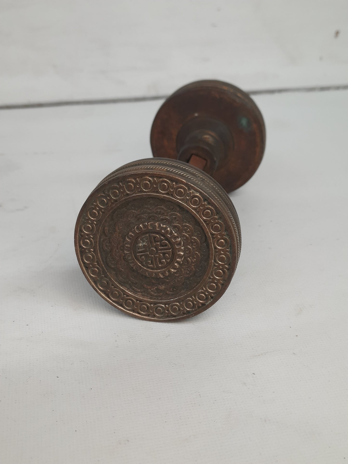 Antique Brocade Design Doorknob by Corbin c. 1884, Solid Bronze Ornate Doorknobs with Fish Scale Pattern 121606