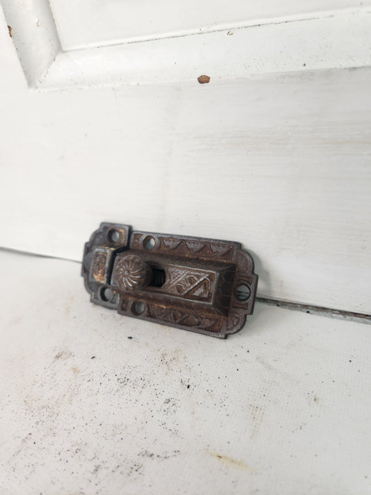 Antique Ornate Iron and Bronze Eastlake Cabinet Latch, Fancy Cabinet Lock Set 122117