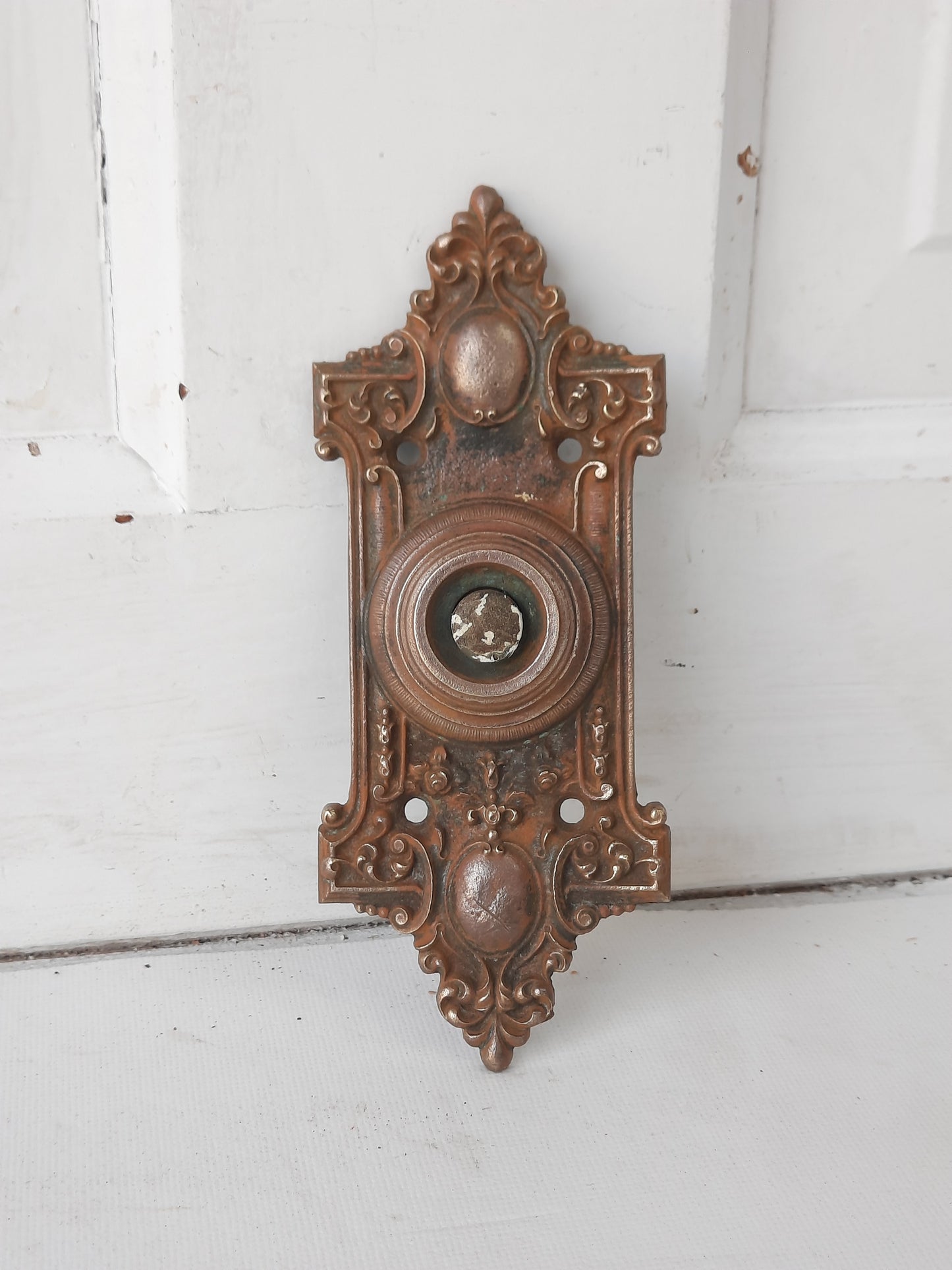 Ornate Reole Pattern Bronze Doorbell Cover, Antique Doorbell Button Escutcheon
