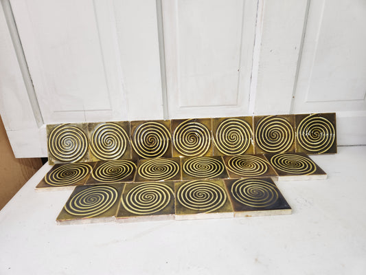 Seventeen Dark Green Spiral Design Antique Tiles, Set of Antique Fireplace Surround Tiles 010401