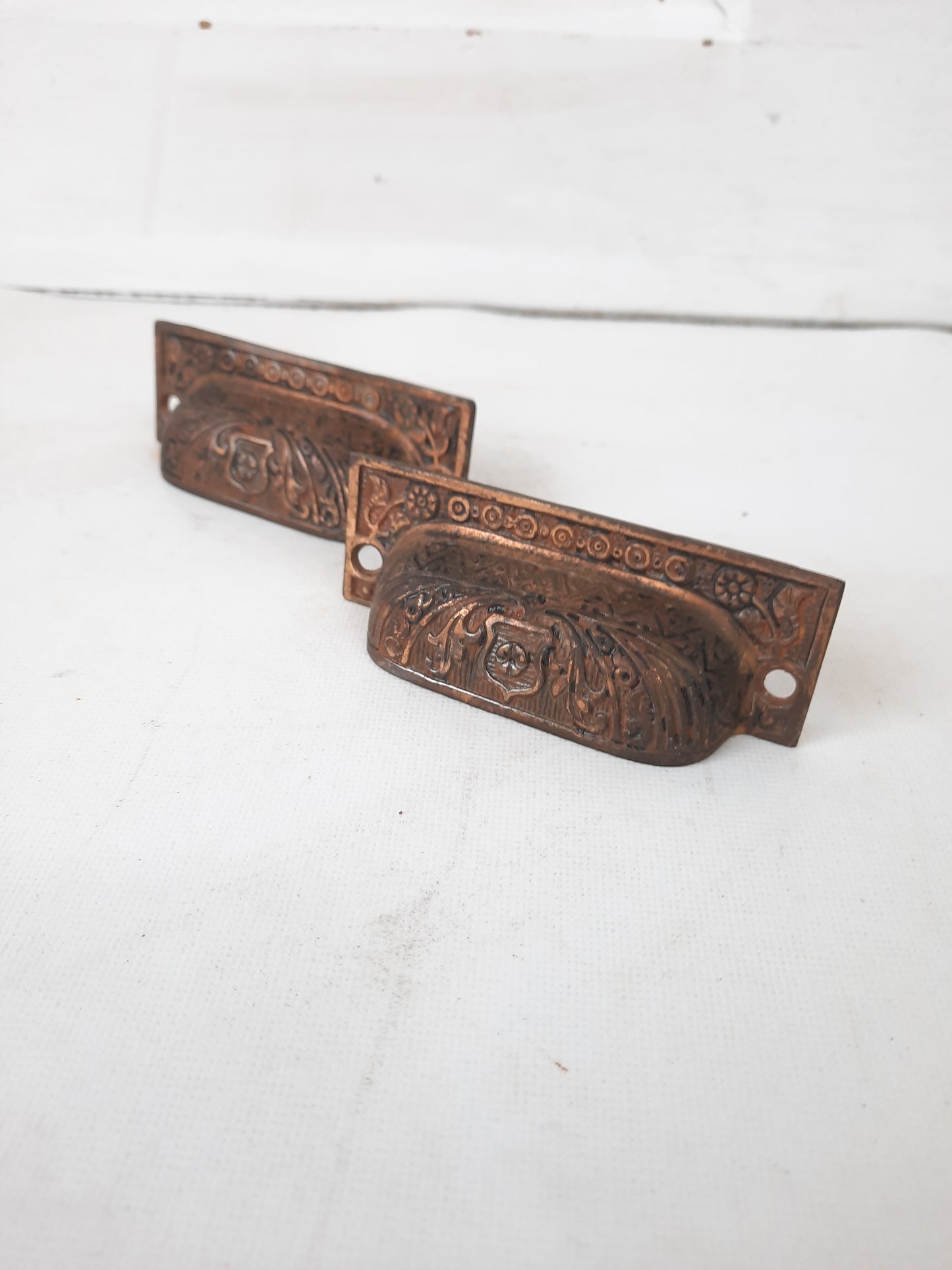 Two Ornate Brass-Plated Victorian Cast Iron Bin Pulls, Antique Drawer Handle, Apothecary Pulls 010503